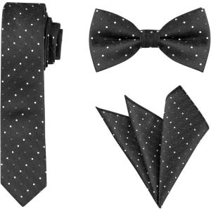imageAllegra K Mens Polka Dots Tie Set Skinny Necktie PreTied Bow Tie with Adjustable Neck Strap Pocket SquareBlack