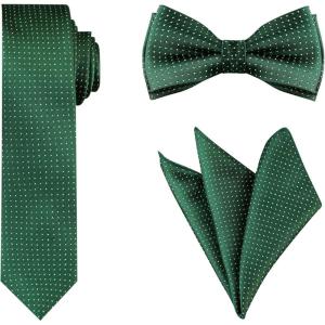 imageAllegra K Mens Polka Dots Tie Set Skinny Necktie PreTied Bow Tie with Adjustable Neck Strap Pocket SquareDark Green