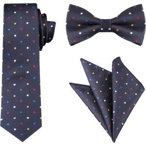 imageAllegra K Mens Polka Dots Tie Set Skinny Necktie PreTied Bow Tie with Adjustable Neck Strap Pocket SquareNavy Blue Colorful