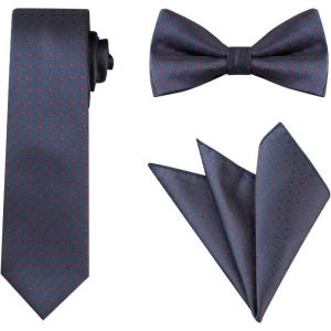 imageAllegra K Mens Polka Dots Tie Set Skinny Necktie PreTied Bow Tie with Adjustable Neck Strap Pocket SquareNavy Blue Red