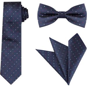 imageAllegra K Mens Polka Dots Tie Set Skinny Necktie PreTied Bow Tie with Adjustable Neck Strap Pocket SquareNavy Blue White Red
