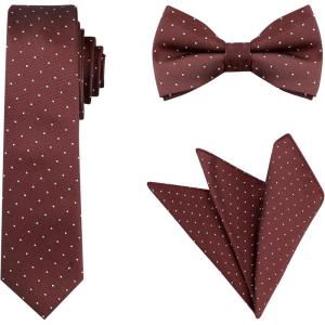 imageAllegra K Mens Polka Dots Tie Set Skinny Necktie PreTied Bow Tie with Adjustable Neck Strap Pocket SquareWine Red