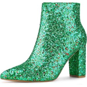 imageAllegra K Womens Glitter Pointed Toe Chunky Heel Ankle BootsGreen