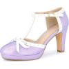 imageAllegra K Womens Platform Bow Heels TStrap Chunky Heel PumpsPurple