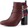 imageAllegra K Womens Pointy Toe Plaid Crisscross Strap Buckle Chunky Heels Ankle BootiesBurgundy
