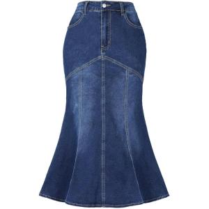 imageAllegra K Fishtail Denim Skirt for Women Casual Washed High Waisted Midi Jean SkirtsDark Blue