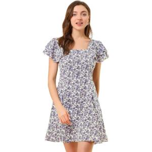 imageAllegra K Womens Casual Ruffled Sleeve Pleated Square Neck Floral DressBeige Purple