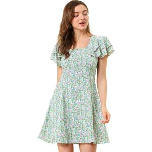 imageAllegra K Womens Casual Ruffled Sleeve Pleated Square Neck Floral DressGreen