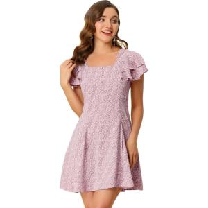 imageAllegra K Womens Casual Ruffled Sleeve Pleated Square Neck Floral DressPink