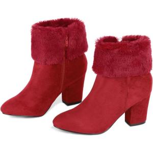 imageAllegra K Womens Christmas Faux Fur Chunky Heel Ankle BootsRed