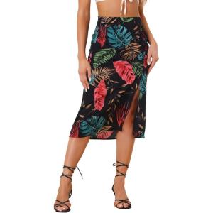 imageAllegra K Womens Hawaiian Skirts Summer Beach Ruched Split Thigh Tropical SkirtBlacks