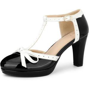 imageAllegra K Womens Platform Bow Heels TStrap Chunky Heel PumpsBlack