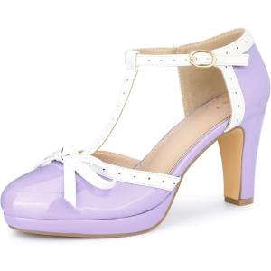 imageAllegra K Womens Platform Bow Heels TStrap Chunky Heel PumpsPurple