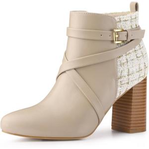 imageAllegra K Womens Pointy Toe Plaid Crisscross Strap Buckle Chunky Heels Ankle BootiesBeige