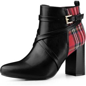 imageAllegra K Womens Pointy Toe Plaid Crisscross Strap Buckle Chunky Heels Ankle BootiesBlack
