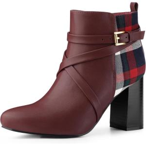 imageAllegra K Womens Pointy Toe Plaid Crisscross Strap Buckle Chunky Heels Ankle BootiesBurgundy