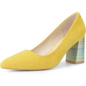 imageAllegra K Womens Pointy Toe Slip on Plaid Printing Closed Toe Dress Shoes Chunky Heel PumpsYellow