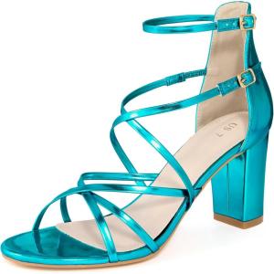 imageAllegra K Womens Strappy Crisscross Strap Opened Toe Block Heels SandalsLake Blue