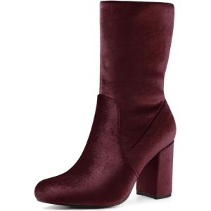 imageAllegra K Womens Velvet Round Toe Block Heels Foldable Mid Calf BootsBurgundy