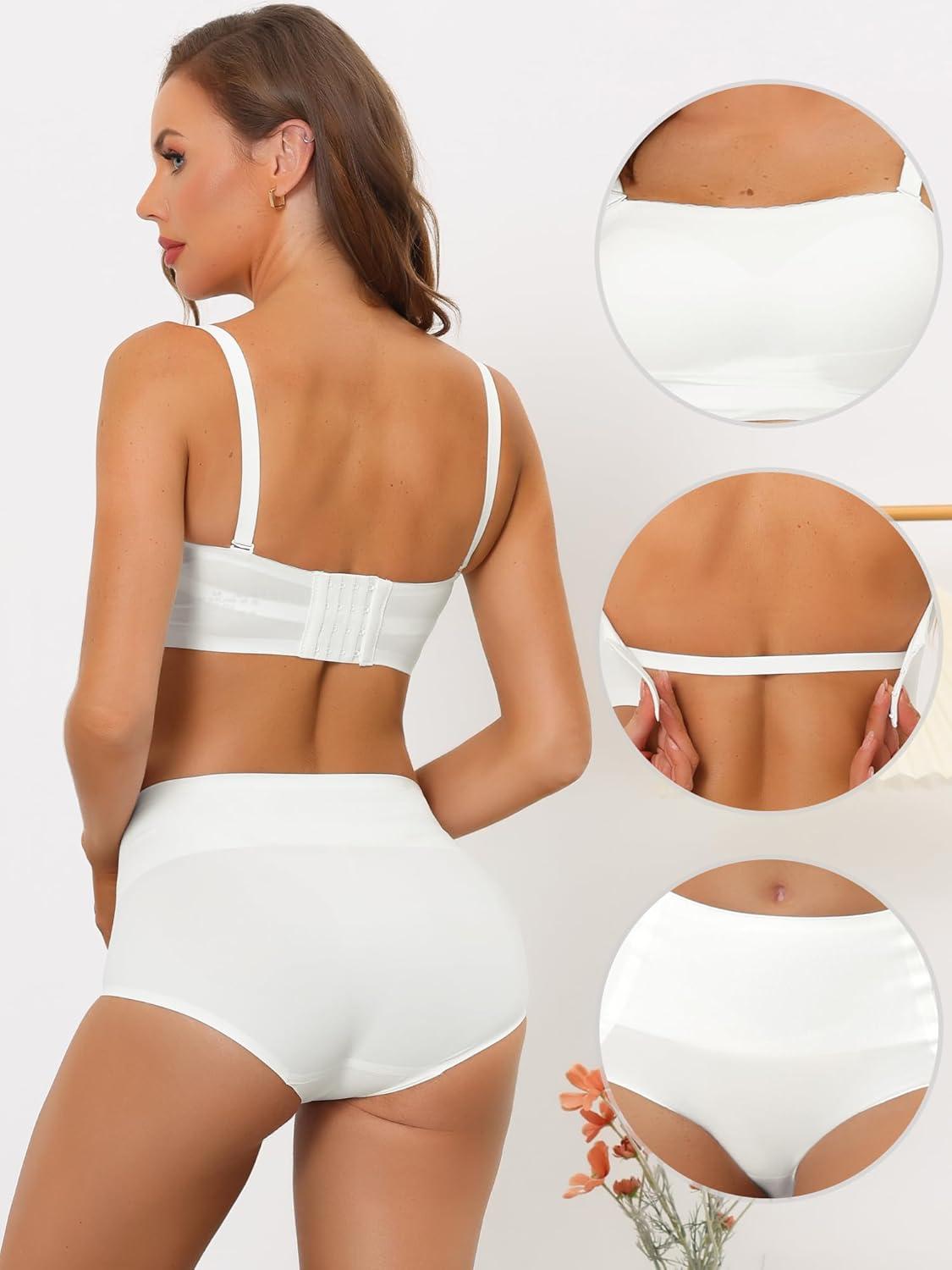 imageAllegra K Womens Bandeau Bra Set Removable Straps Wirefree NonSlip Top Front Buckles Strapless Bra and PantyWhite