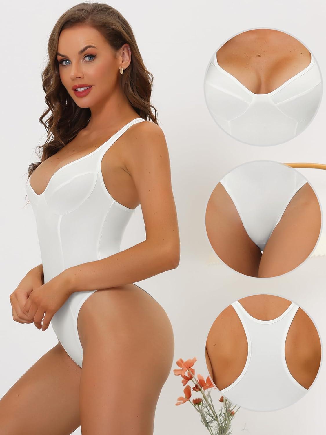 imageAllegra K Womens Deep V Neck Leotard Bodysuit Tummy Control Waist Trainer Shapewear Thong Full Body ShaperWhite