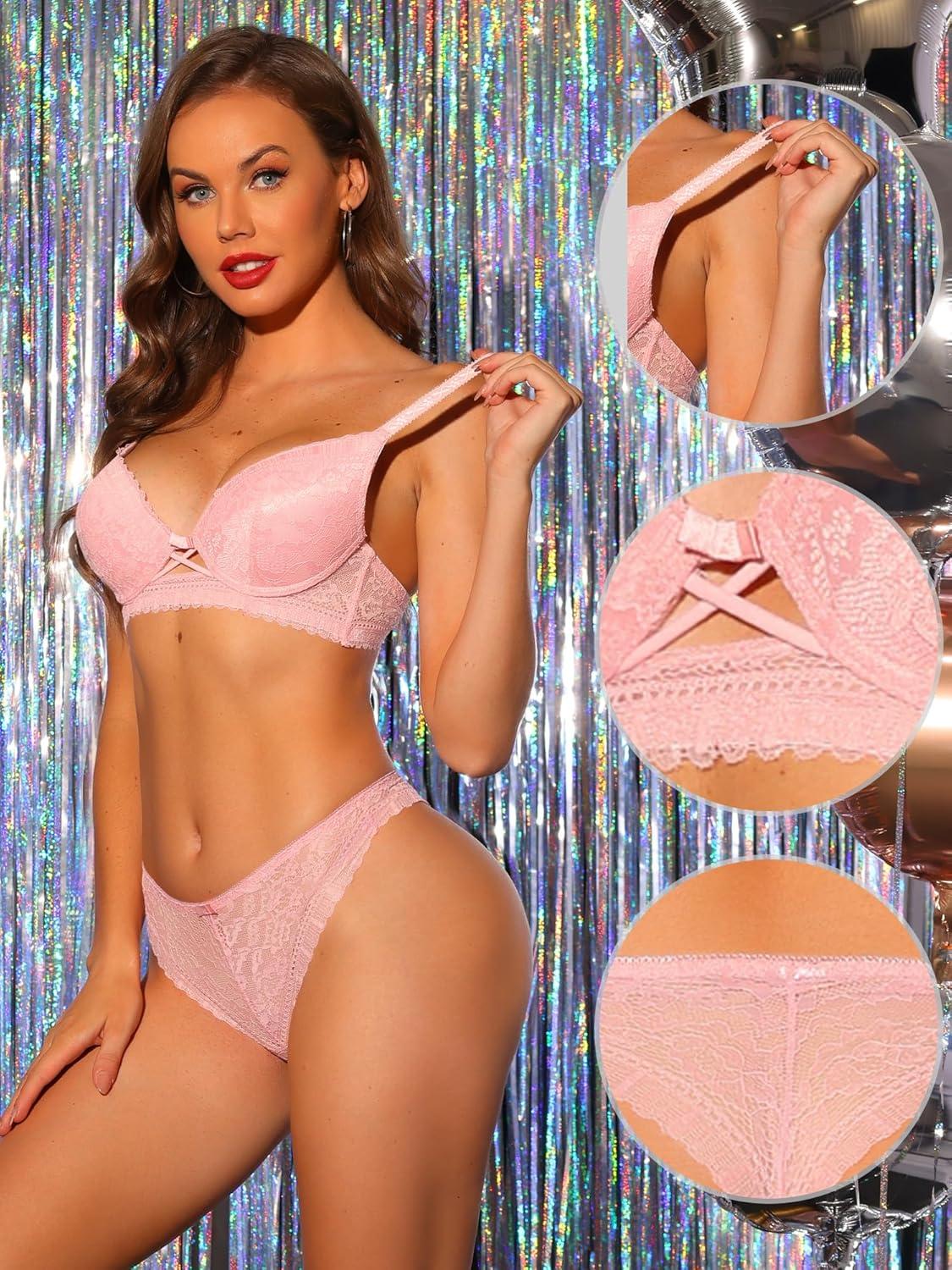 imageAllegra K Womens Lace Bra and Panty Set Padded Full Coverage Underwire Bras Two Piece LingeriePink