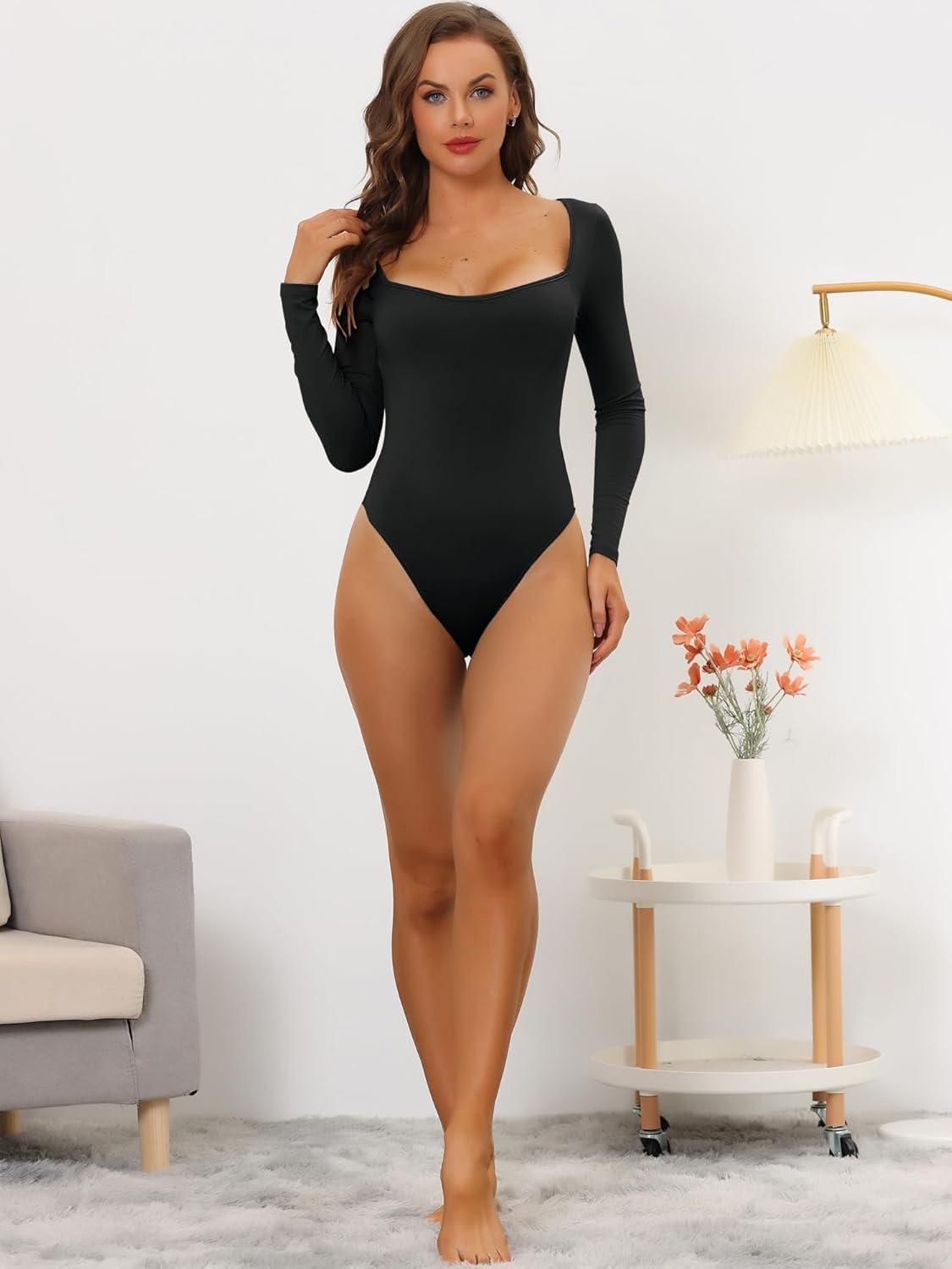 imageAllegra K Womens Long Sleeve Bodysuit Shapewear Slim Fit Stretchy Square Neck Leotard Jumpsuit TopsBlack