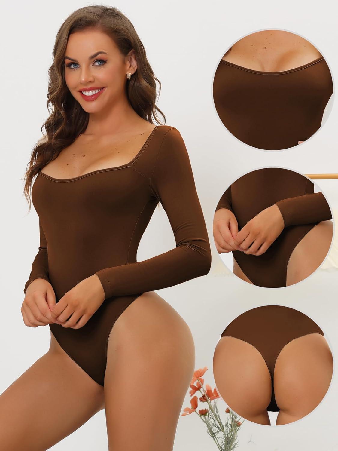 imageAllegra K Womens Long Sleeve Bodysuit Shapewear Slim Fit Stretchy Square Neck Leotard Jumpsuit TopsBrown