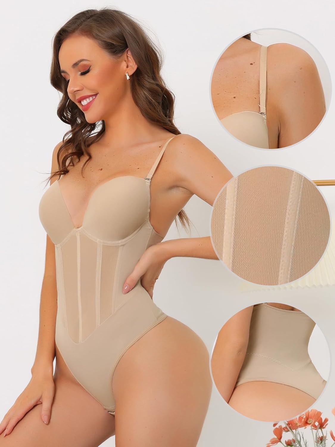 imageAllegra K Womens Mesh Jumpsuit Top Bodysuit Tummy Control Sculpting Body Shaper Shapewear Thong with Adjustable StrapsBeige
