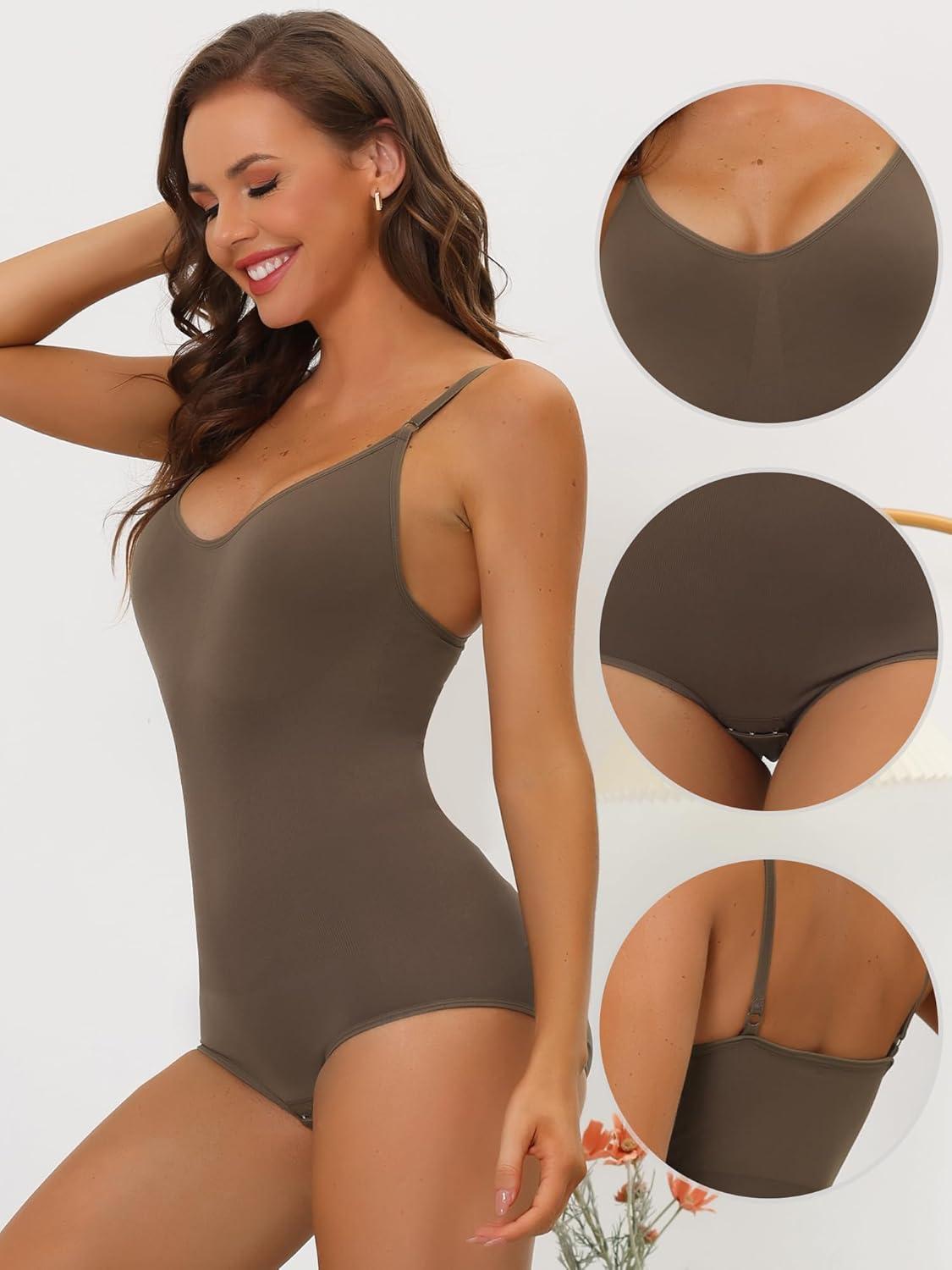 imageAllegra K Womens Shaping Bodysuit Tummy Control Shapewear Adjustable Straps Body Shaper Sculpting Leotard Jumpsuit TopBrown