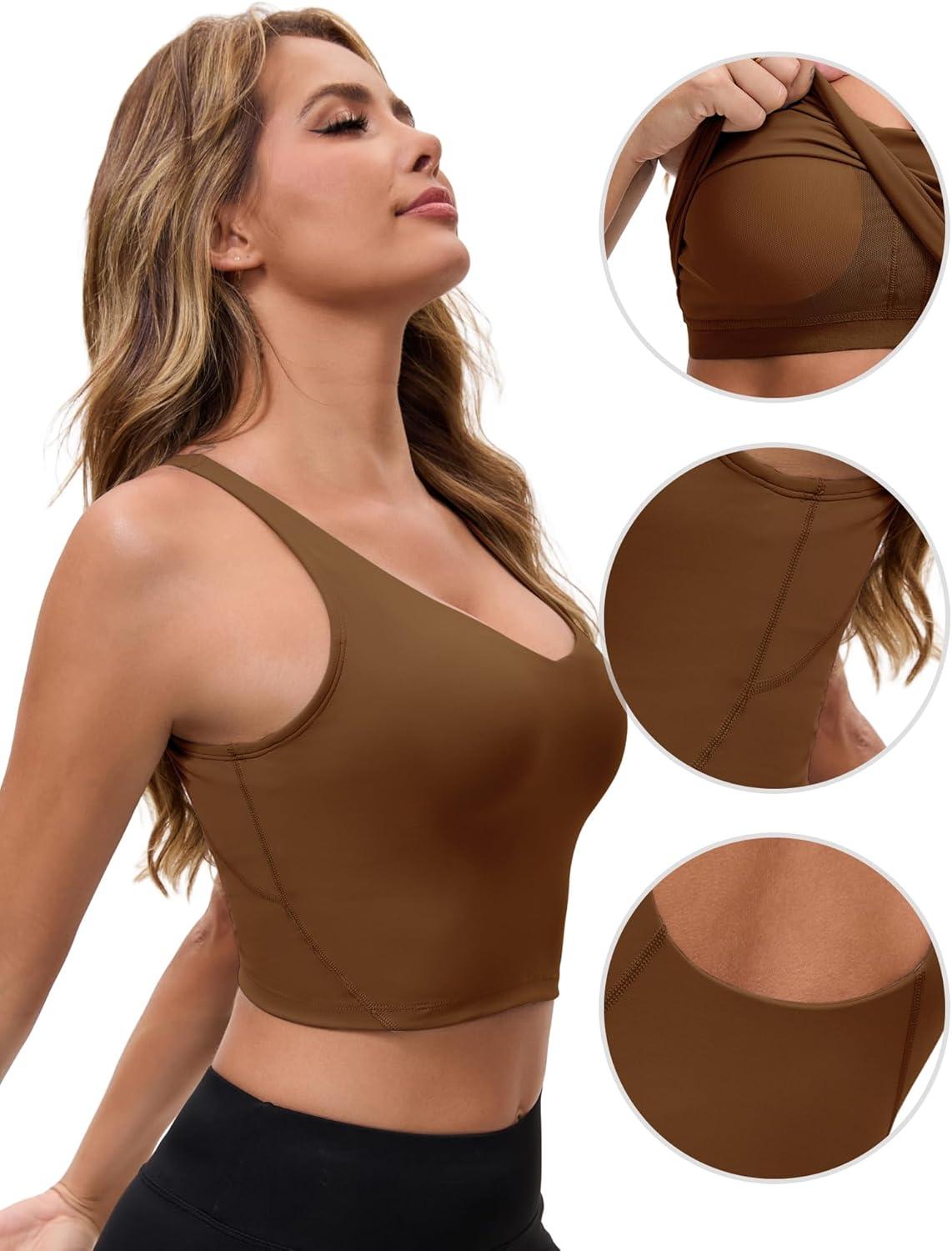 imageAllegra K Womens Sports Bra Workout Fitness Longline Wireless Padded Yoga Tank Tops with Medium SupportBrown