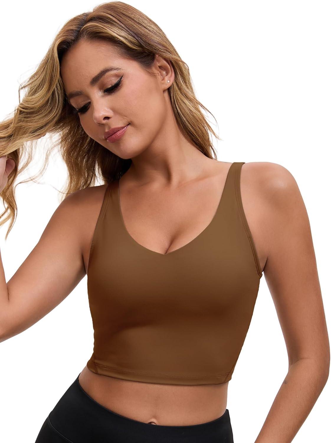 imageAllegra K Womens Sports Bra Workout Fitness Longline Wireless Padded Yoga Tank Tops with Medium SupportBrown