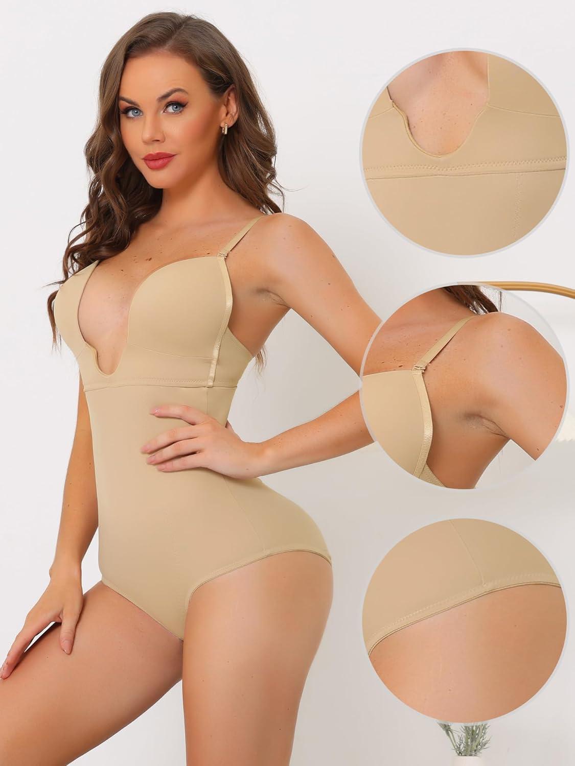 imageAllegra K Womens U Plunge Leotard Jumpsuit Top Tummy Control Adjustable Straps Builtin Bra Full Shapewear BodysuitBeige