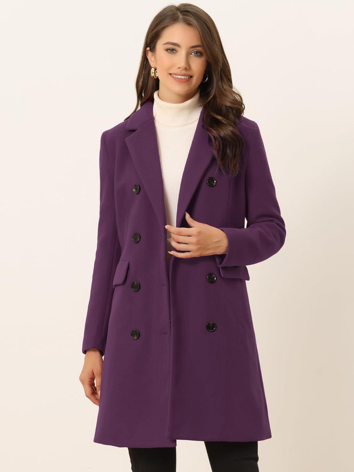 imageAllegra K Womens Winter Coat Elegant Notched Lapel Double Breasted Trench CoatDark Purple