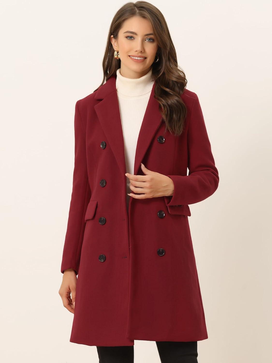 imageAllegra K Womens Winter Coat Elegant Notched Lapel Double Breasted Trench CoatDark Red