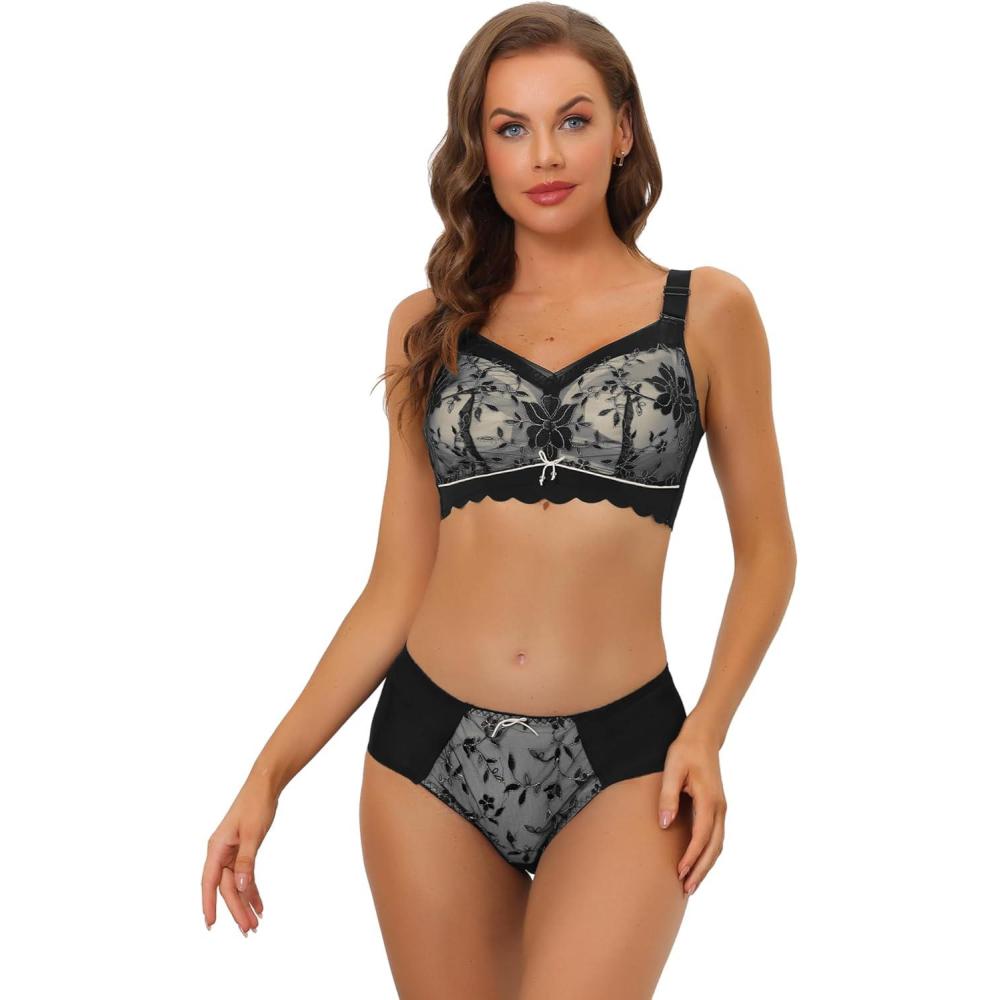 imageAllegra K Womens Lace Bra Sets Minimizer Adjustable Wide Straps Full Coverage Wirefree Bra and Panty