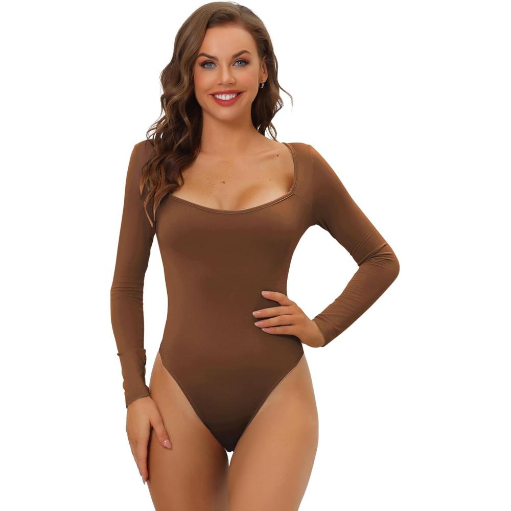 imageAllegra K Womens Long Sleeve Bodysuit Shapewear Slim Fit Stretchy Square Neck Leotard Jumpsuit TopsBrown