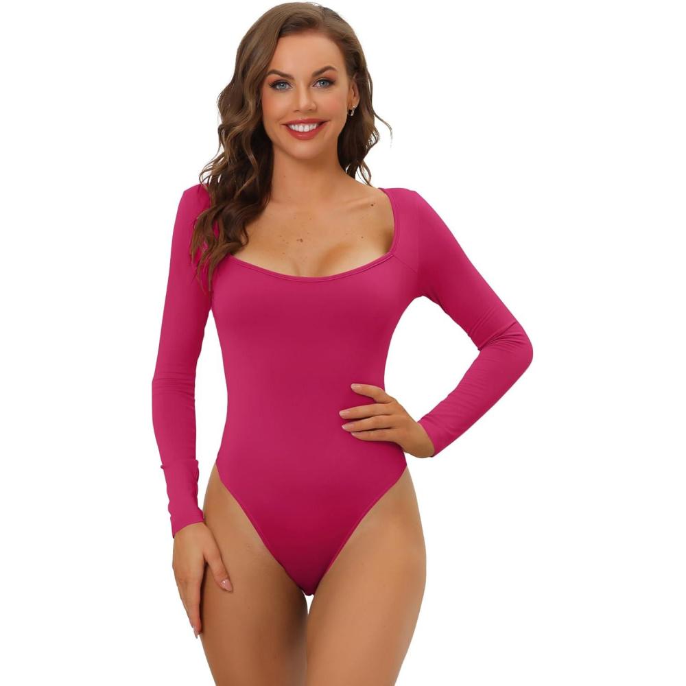 imageAllegra K Womens Long Sleeve Bodysuit Shapewear Slim Fit Stretchy Square Neck Leotard Jumpsuit TopsRose Red