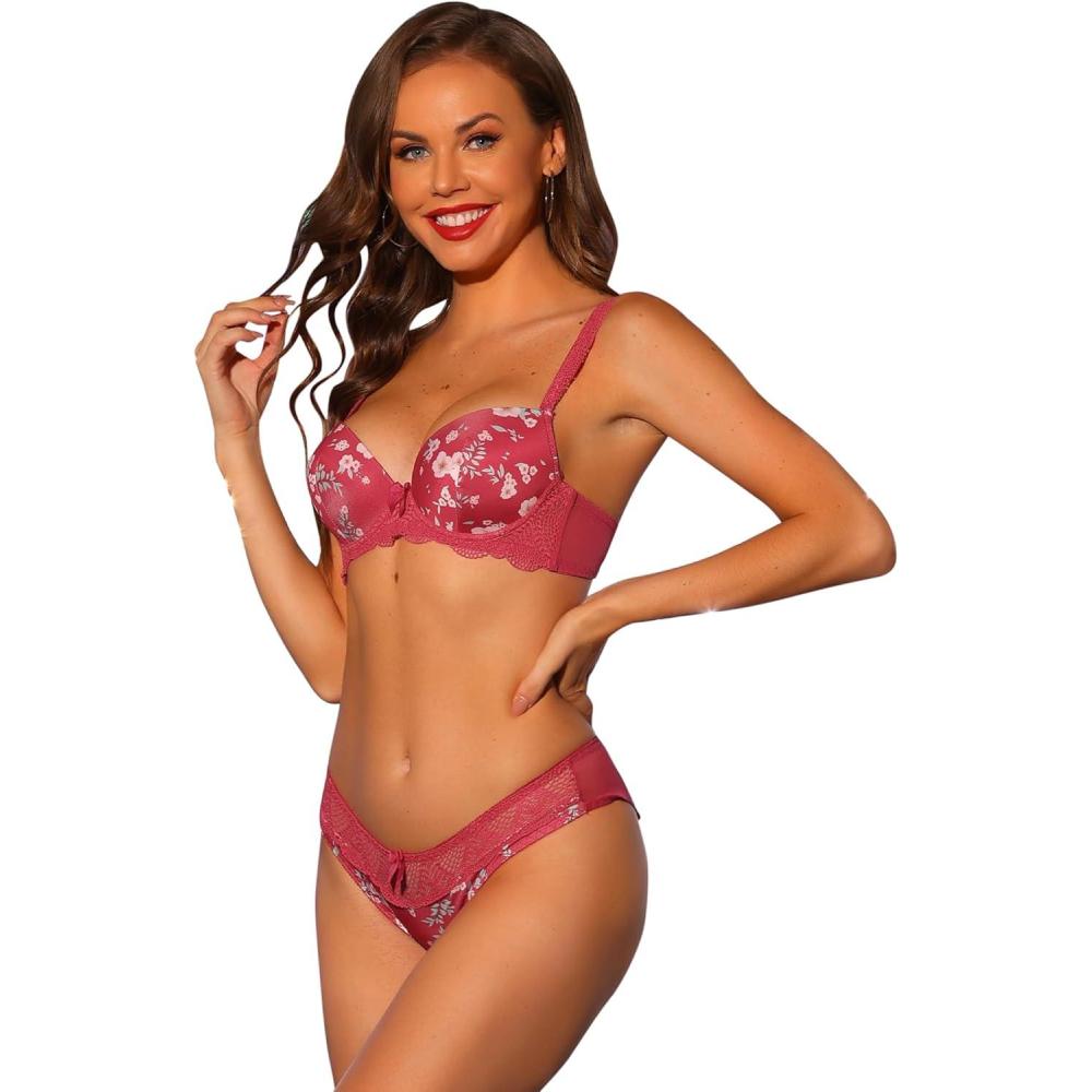 imageAllegra K Womens Push Up Lingerie Set Adjustable Straps Padded Floral Lace Underwired Bras and PantiesRed Floral