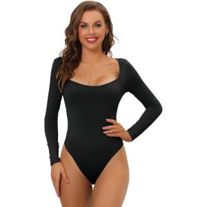 imageAllegra K Womens Long Sleeve Bodysuit Shapewear Slim Fit Stretchy Square Neck Leotard Jumpsuit TopsBlack