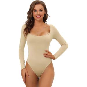imageAllegra K Womens Long Sleeve Bodysuit Shapewear Slim Fit Stretchy Square Neck Leotard Jumpsuit TopsKhaki
