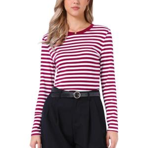 imageAllegra K Striped t Shirts for Women Long Sleeve Tops Crew Neck Fitted Tees Casual Trendy OutfitsDeep Red Stripe