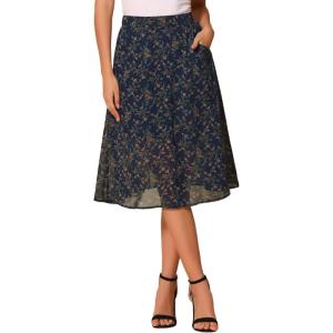 imageAllegra K Womens Floral Skirt ALine Midi Skirt Chiffon Elegant 2025 Fall Skirts with PocketsNavy Blue