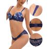imageAllegra K Floral Lace Trim Underwire Lingerie Set V Neck Push Up Bra and Panty 2 PieceBlue