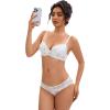imageAllegra K Floral Lace Trim Underwire Lingerie Set V Neck Push Up Bra and Panty 2 PieceWhite