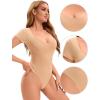 imageAllegra K Short Sleeve Bodysuits for Women U Neck Tummy Control Tops Shapewear Seamless Slim Fitted ClothingBeige