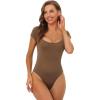 imageAllegra K Short Sleeve Bodysuits for Women U Neck Tummy Control Tops Shapewear Seamless Slim Fitted ClothingBrown