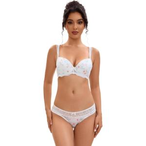 imageAllegra K Floral Lace Trim Underwire Lingerie Set V Neck Push Up Bra and Panty 2 PieceWhite