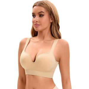 imageAllegra K Womens Push Up Bra V Neck Medium Impact Wireless Bralette Padded Supportive t Shirt BrasBeige