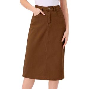 imageAllegra K Casual Denim Skirt for Womens High Waist Split Back Pockets Midi Jean SkirtsBrown